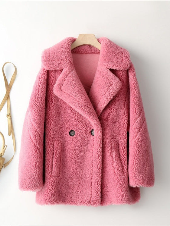 Damen kuscheliger Teddycoat mit doppelter Knopfleiste und Taschen Drune