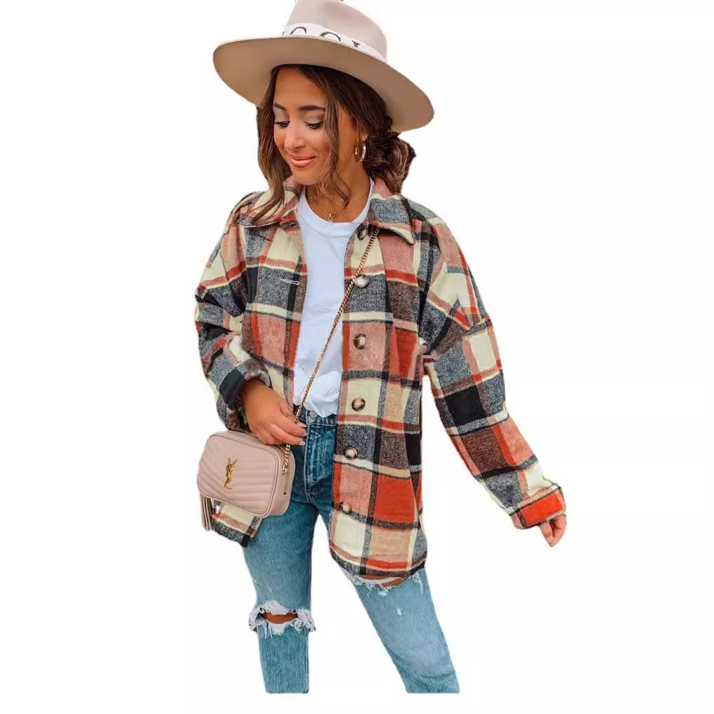 Damen Oversized Kariertes Flanell‑Shacket mit Brusttaschen und Holzknöpfen Drune