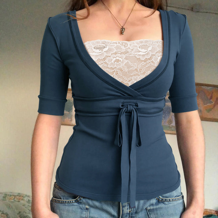 Damen Wickeloberteil mit eleganter Schleife und tiefem V-Ausschnitt Drune