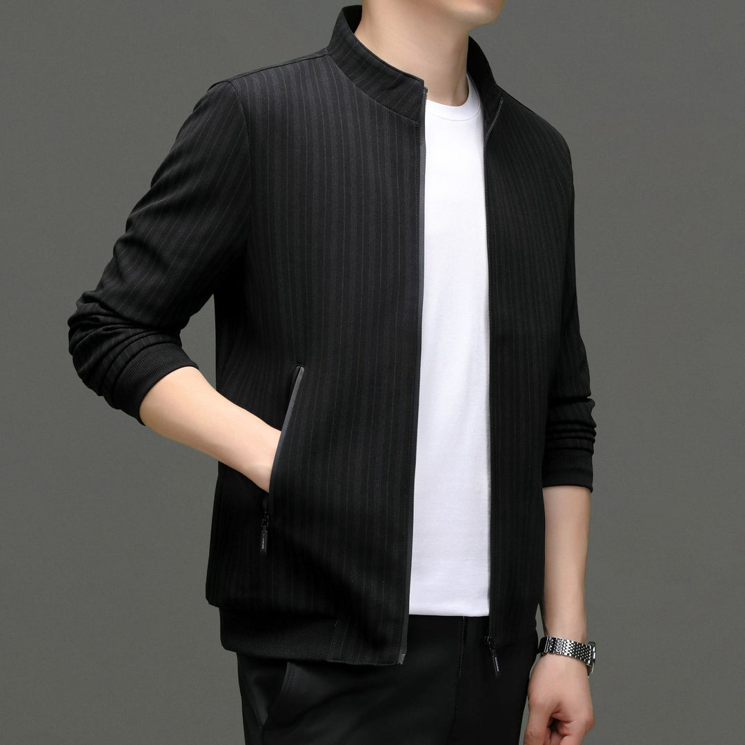 Herren elegante Strickjacke mit Stehkragen und feinen Streifen Drune