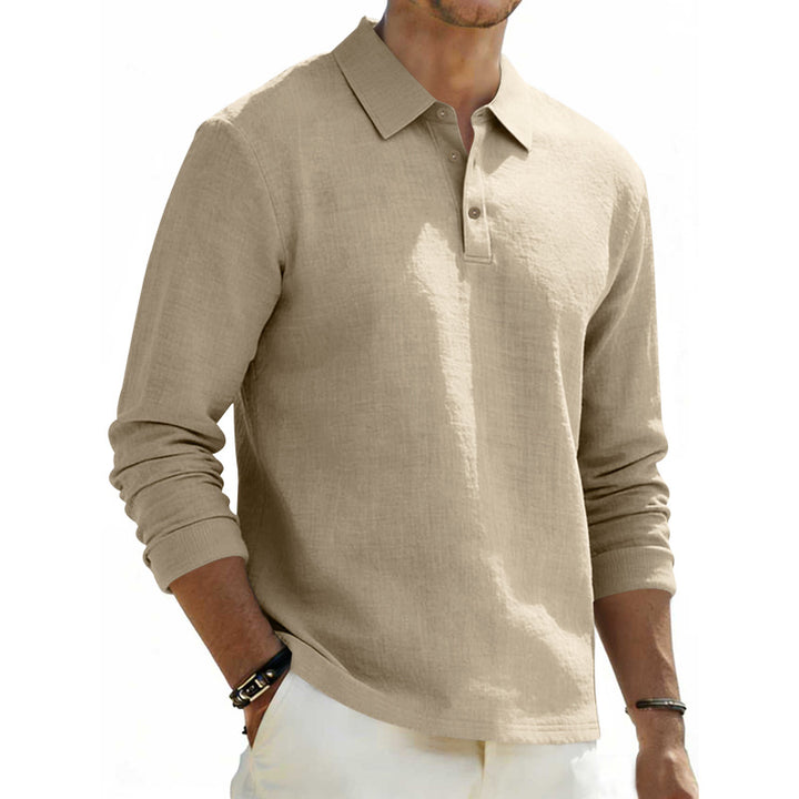 Herren nan Langarm-Poloshirt aus Leinen mit Henley-Knopfleiste und Kentkragen Drune