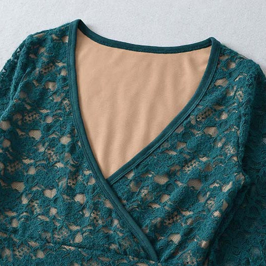 Damen Figurbetontes Spitzentop mit Wickel‑V‑Ausschnitt und langen Ärmeln Drune