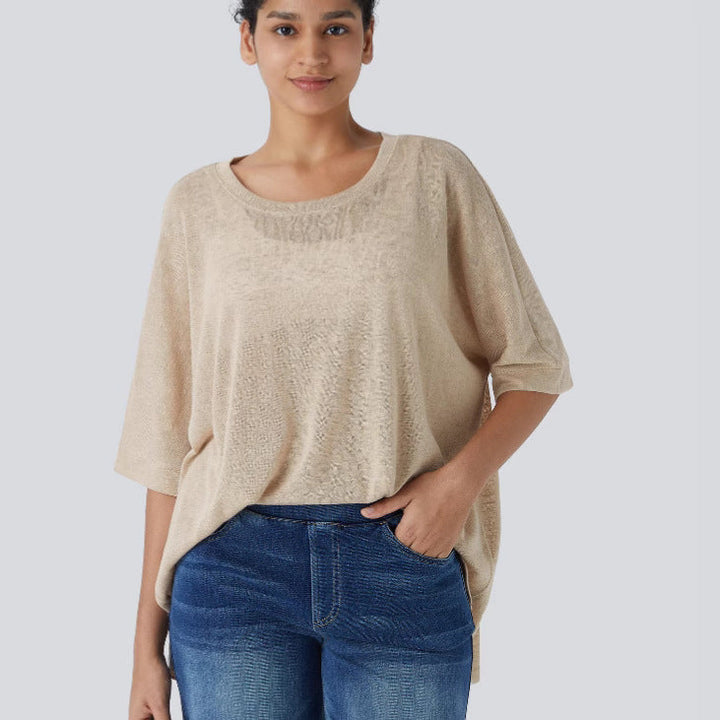 Damen lässiges Oversized T-Shirt mit seitlichen Schlitzen und umgeschlagenen Ärmeln Drune