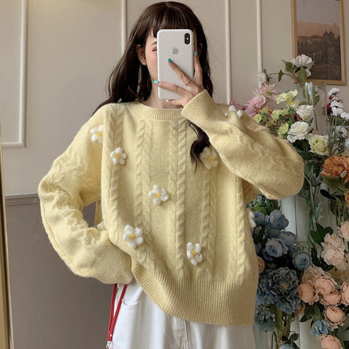 Damen Modischer Grobstrickpullover mit Blumenapplikationen Drune