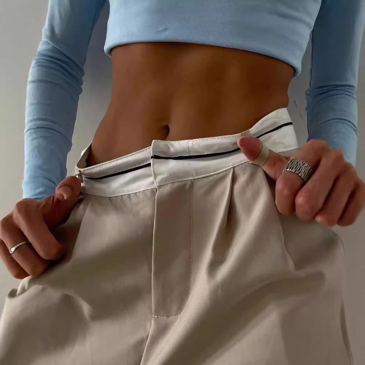 Damen Hochtaillierte weite Bundfaltenhose mit Kontrastbund Drune