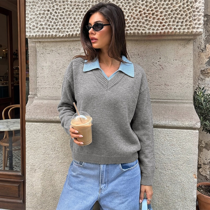 Damen Eleganter V-Ausschnitt Pullover mit Hemdkragen Drune