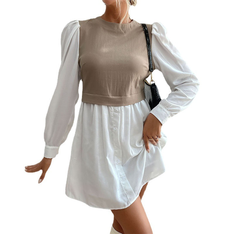 Damen Hemdblusenkleid mit eingesetzter kurzgeschnittener Weste, Puffärmeln und taillierter Silhouette Drune