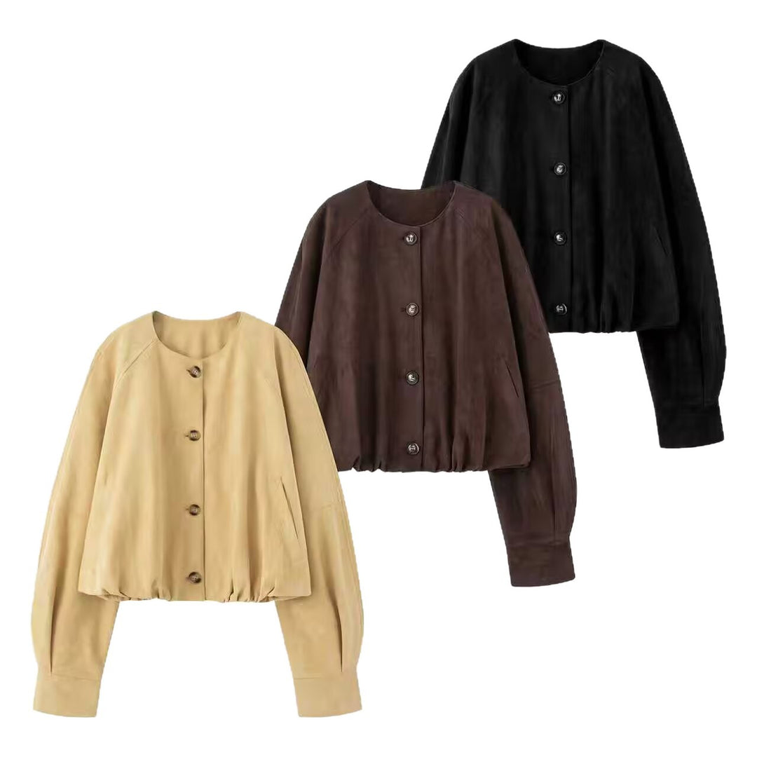 Damen Kurze Blousonjacke im Cropped-Look mit Rundhalsausschnitt und Ballonärmeln Drune