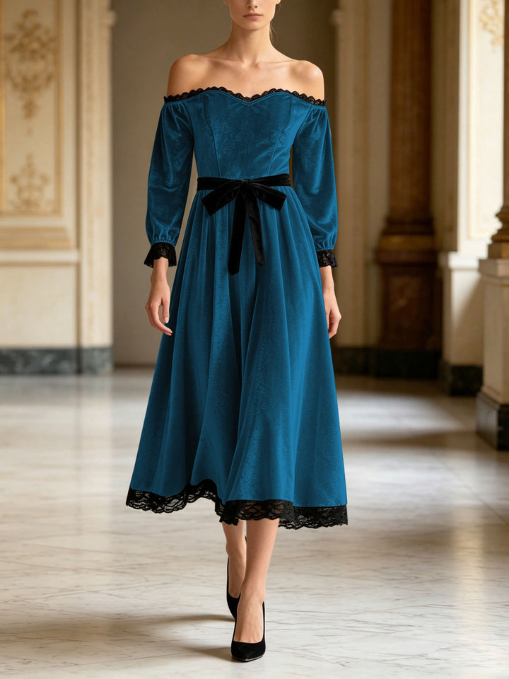 Damen Schulterfreies Samtkleid mit Spitzenbesatz, Samt-Taillengürtel und ausgestelltem Midirock Drune
