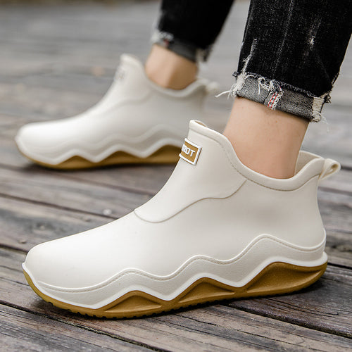 Damen Wasserdichte Slip-On Ankle‑Gummistiefelette mit umgeschlagenem Strickkragen Drune