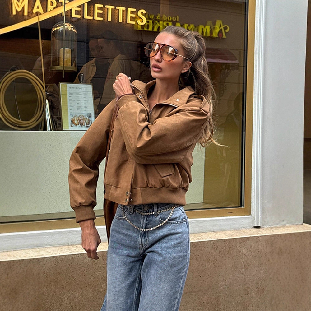 Damen Kurz geschnittene Bomberjacke aus Velourslederoptik mit Rippbündchen Drune
