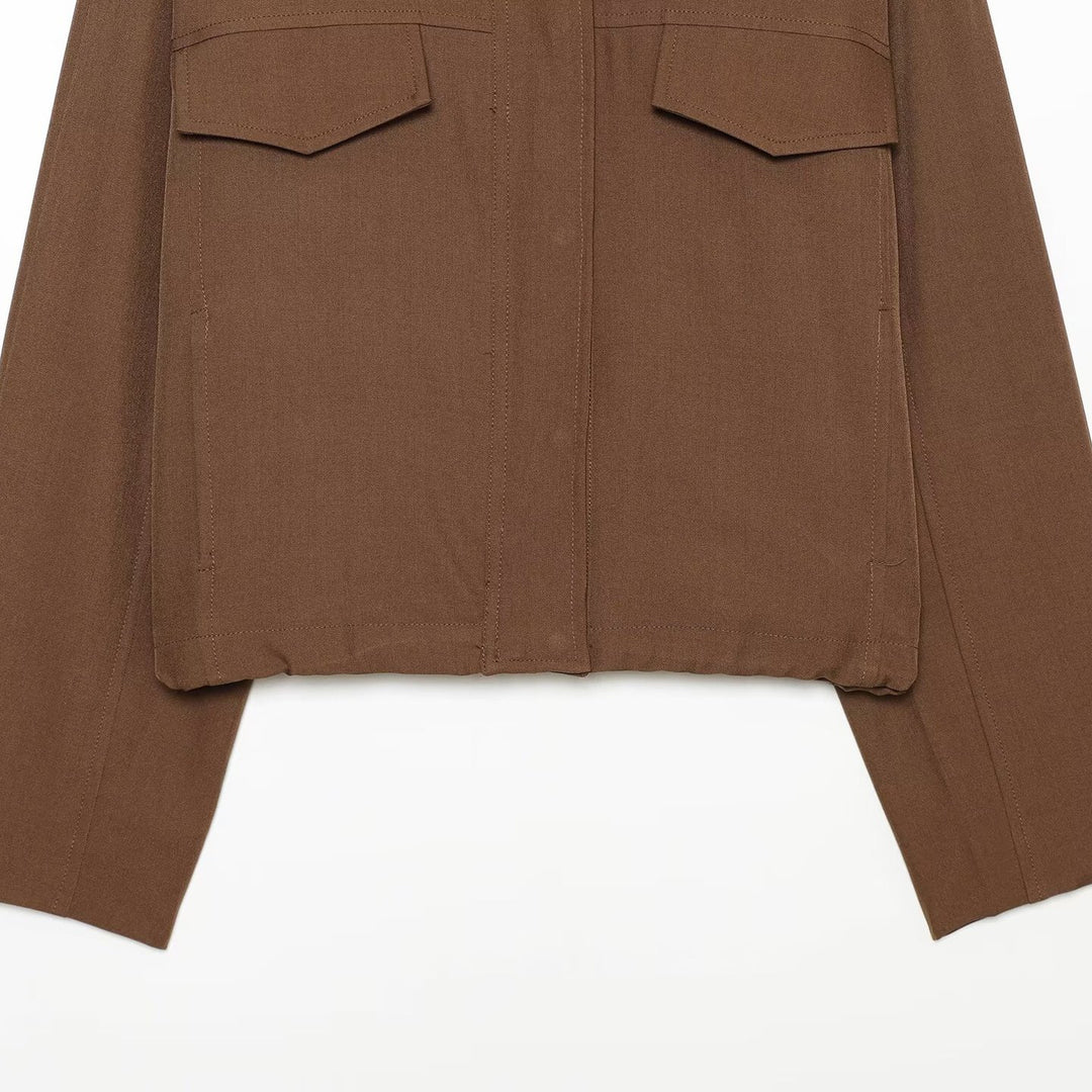 Damen Boxy Cropped Utility-Jacke mit hohem Stehkragen und Pattentaschen Drune