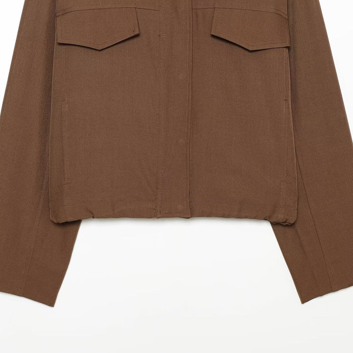 Damen Boxy Cropped Utility-Jacke mit hohem Stehkragen und Pattentaschen Drune