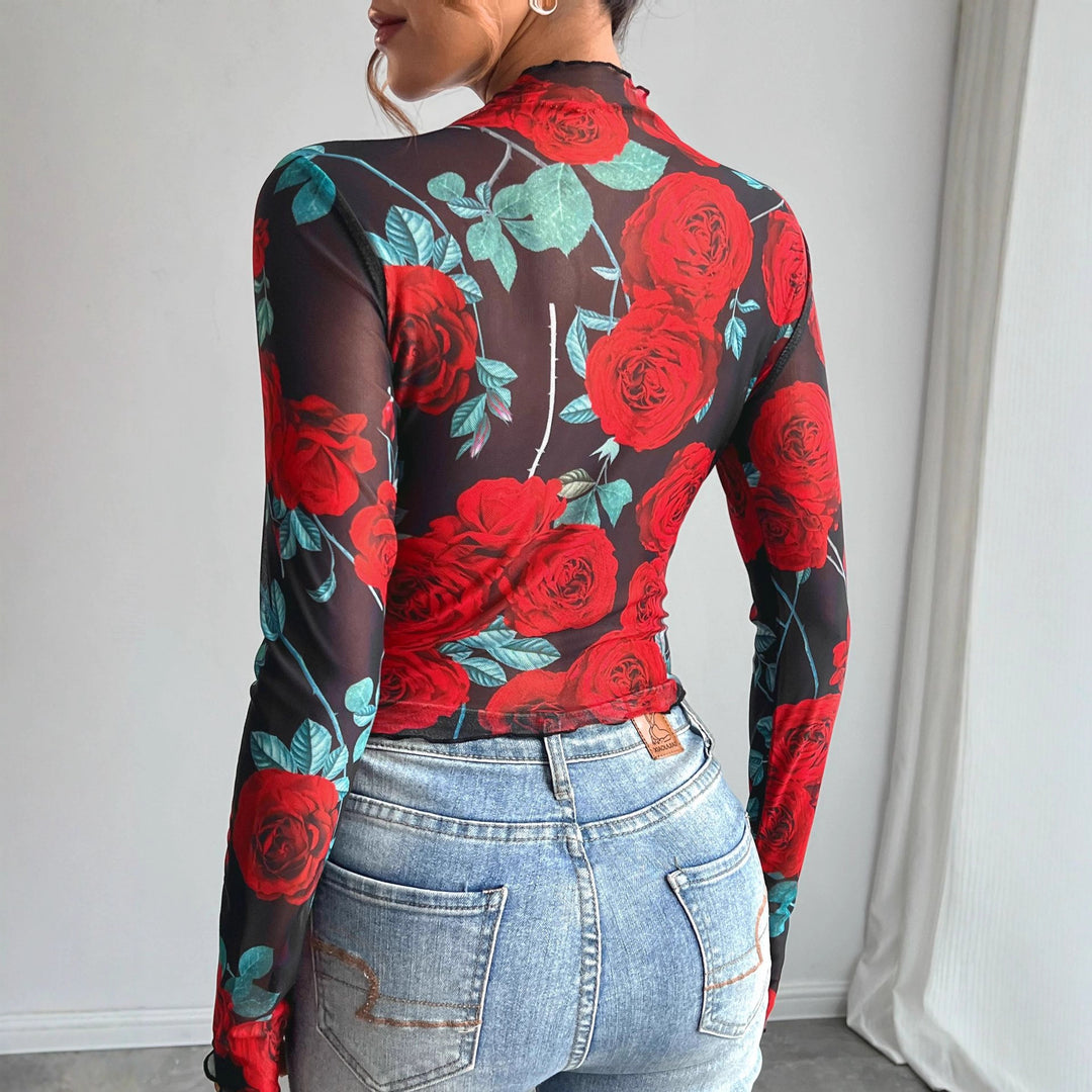 Damen nan figurbetontes Netz-Langarmshirt mit Rosenmotiv, Stehkragen und Wellensaum Drune