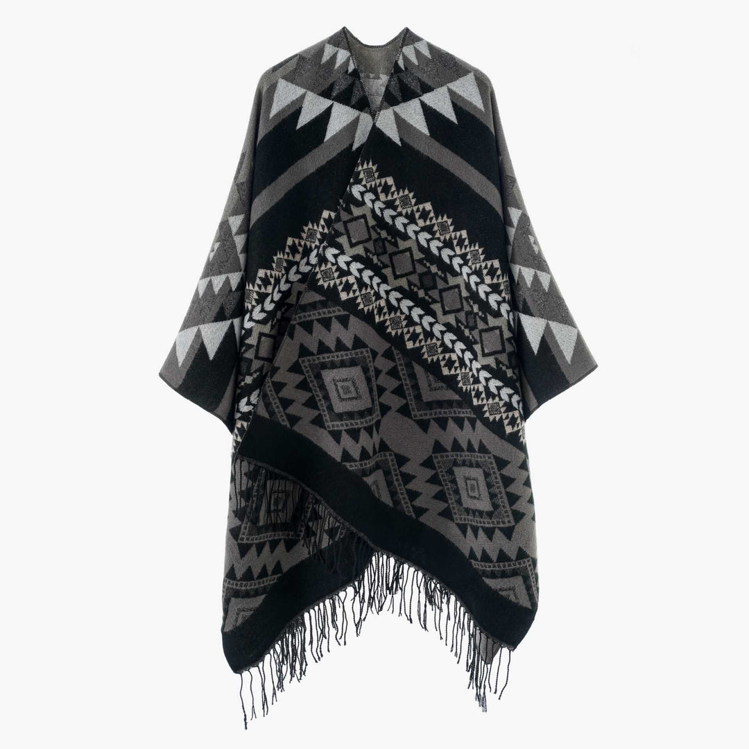 Damen Oversize Jacquard‑Überwurf im Ethno‑Muster mit Fransen Drune