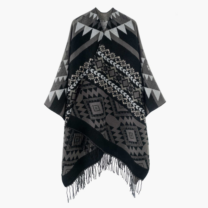 Damen Oversize Jacquard‑Überwurf im Ethno‑Muster mit Fransen Drune