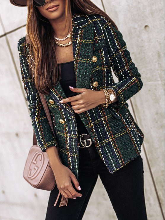 Damen Bouclé-Tweed-Blazer mit Karomuster und doppelreihiger Knopfleiste Drune