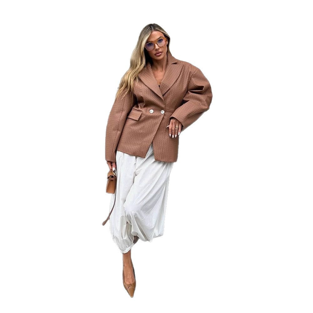 Damen Boxy-Blazer mit taillierter Drapierung und strukturierter Lederimitat-Optik Drune