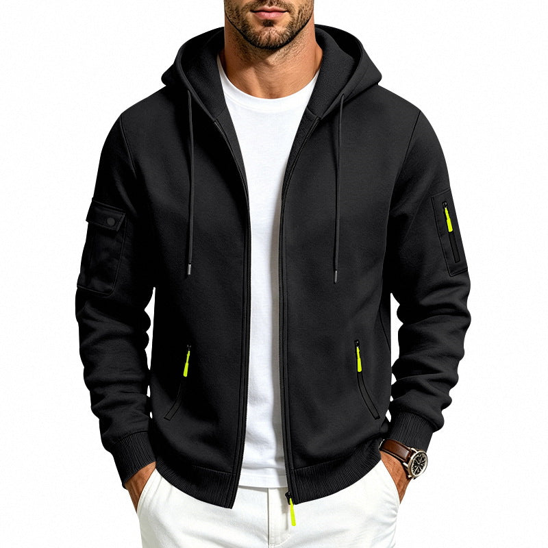 Herren Kapuzen-Reißverschlussjacke mit Ärmeltaschen, Kontrast-Zipper und Rippbündchen Drune