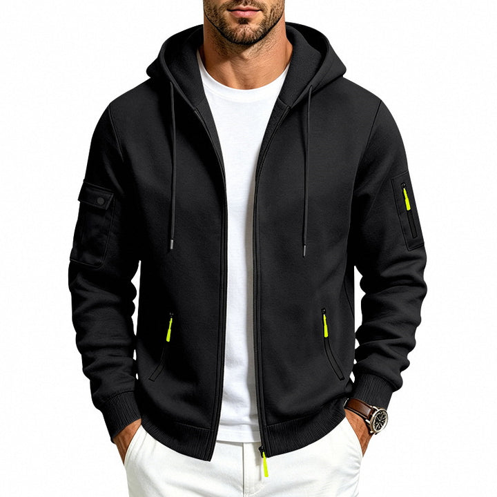 Herren Kapuzen-Reißverschlussjacke mit Ärmeltaschen, Kontrast-Zipper und Rippbündchen Drune