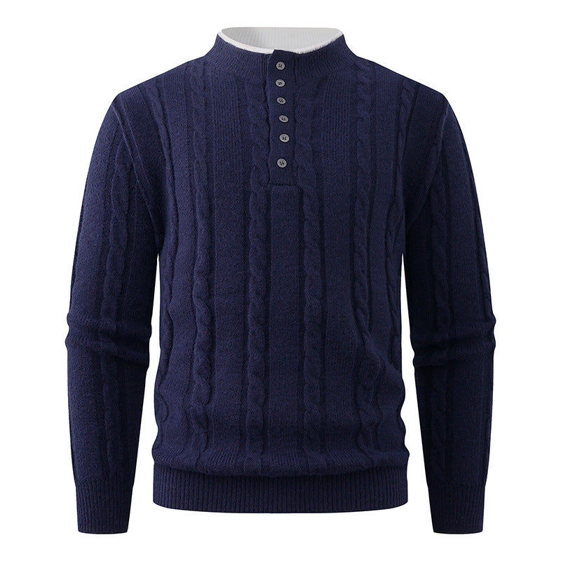 Herren Strukturierter Zopfstrick-Pullover mit Knopfleiste und Stehkragen Drune