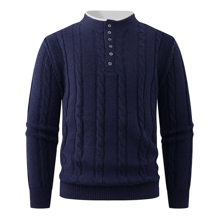 Herren Strukturierter Zopfstrick-Pullover mit Knopfleiste und Stehkragen Drune