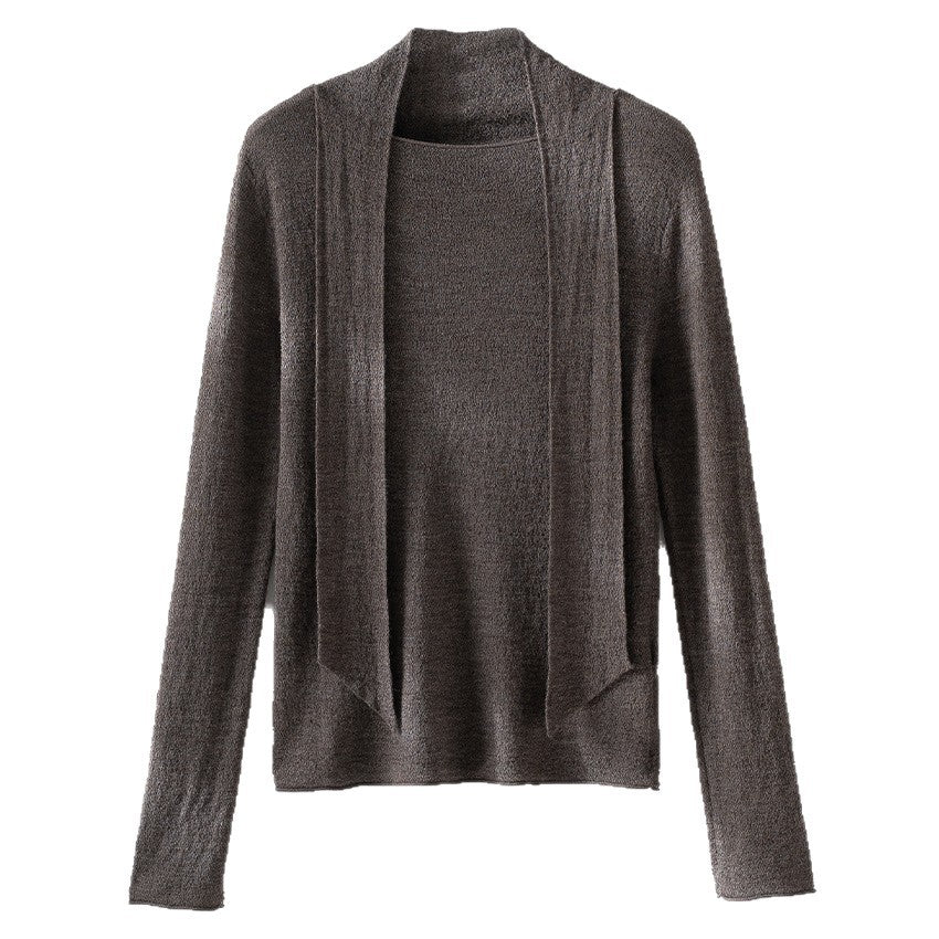 Damen Feiner Feinstrickpullover mit Schalkragen und asymmetrischem Schlaufendetail Drune