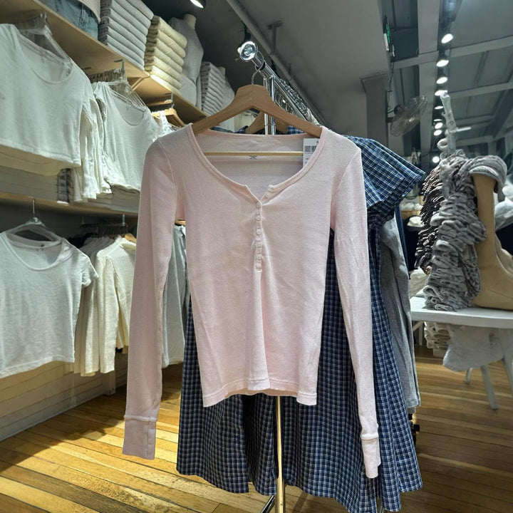 Damen Langarmshirt mit Knopfleiste und feiner Rippstruktur Drune