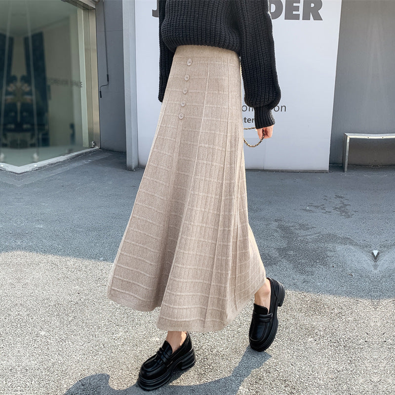 Damen Langer Plissee-Rock mit Knopfdetails Drune