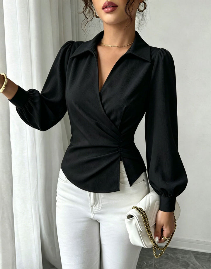 Damen Wickelbluse mit Taillenraffung, Hemdkragen und Ballonärmeln Drune