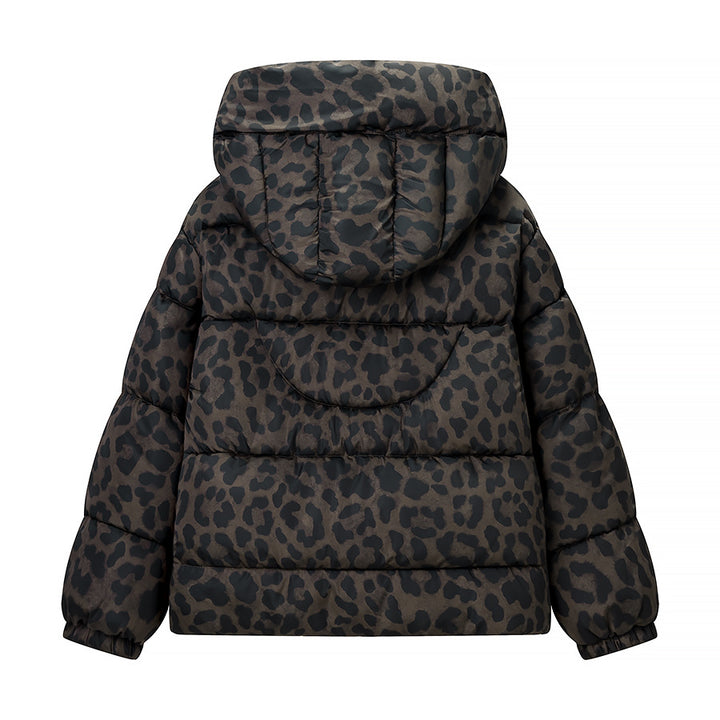 Damen Kurz geschnittene gesteppte Jacke mit hohem Kapuzenkragen, Tunnelzugsaum und Leopardenprint Drune