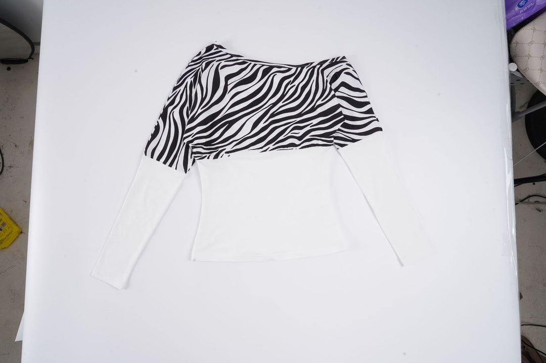 Damen Off-Shoulder Oberteil mit Zebra-Muster und langen Ärmeln Drune