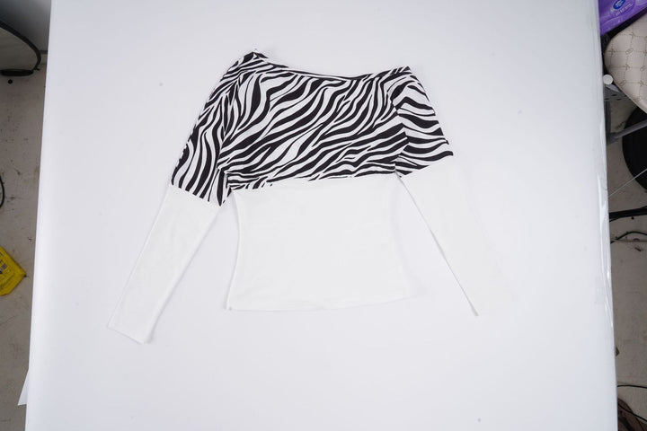 Damen Off-Shoulder Oberteil mit Zebra-Muster und langen Ärmeln Drune