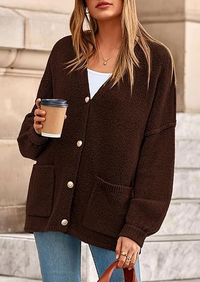 Damen Oversized Strickjacke mit Knöpfen und großen Taschen Drune