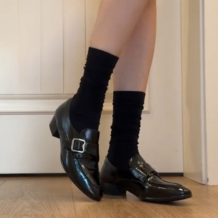 Damen Loafer mit poliertem Finish, dekorativer Metallschnalle und niedrigem Blockabsatz Drune