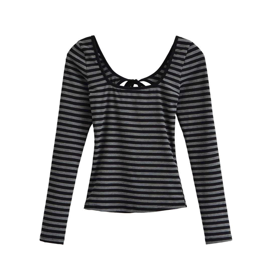 Damen Gestreiftes Langarmshirt mit tiefem Rundhalsausschnitt und Zierschleife Drune