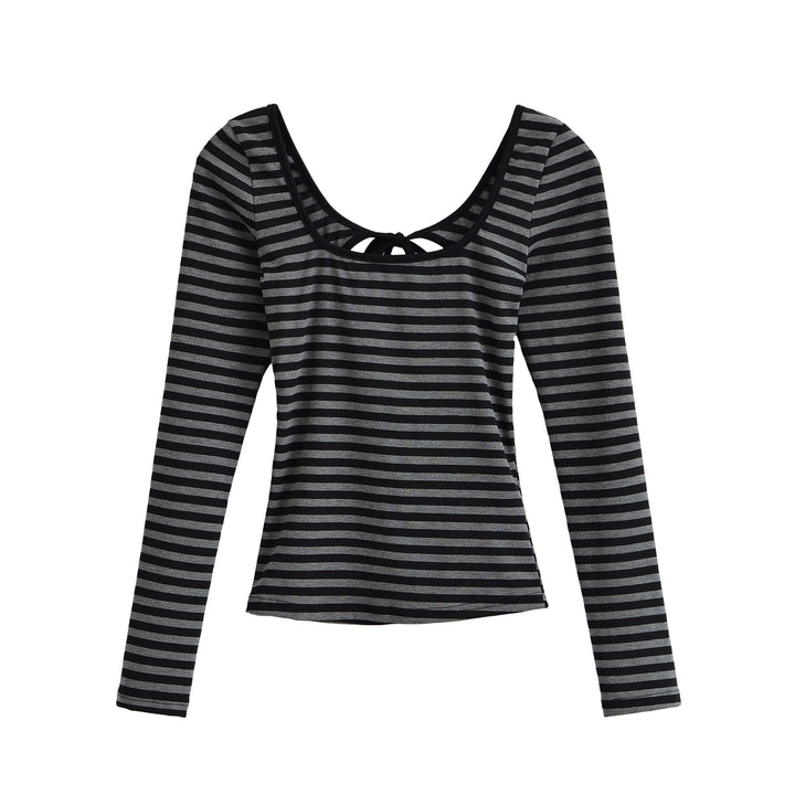 Damen Gestreiftes Langarmshirt mit tiefem Rundhalsausschnitt und Zierschleife Drune