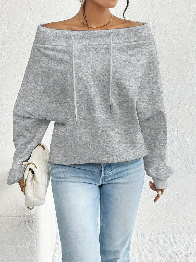 Damen lässiges Sweatshirt mit offener Schulterpartie und Kordelzug Drune