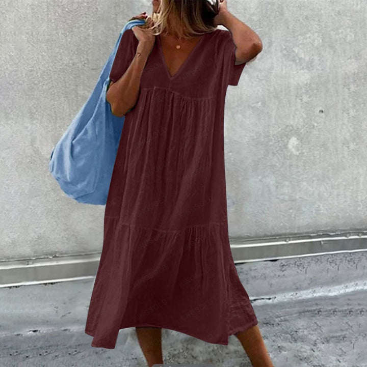 Damen Maxikleid mit modernem V-Ausschnitt und femininer Lockere Passform Drune