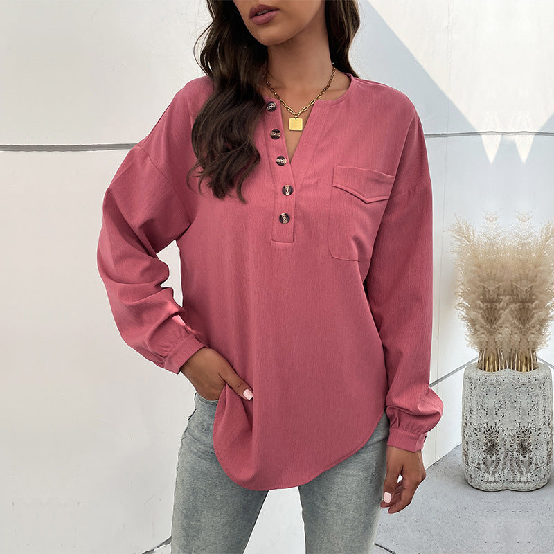 Damen Texturiertes Henley-Blusenshirt mit Knopfleiste und Brusttasche Drune