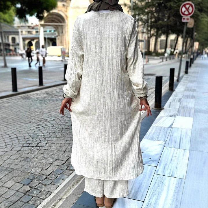 Damen Langes Crinkle-Kaftankleid mit Ballonärmeln und Stehkragenoptik Drune