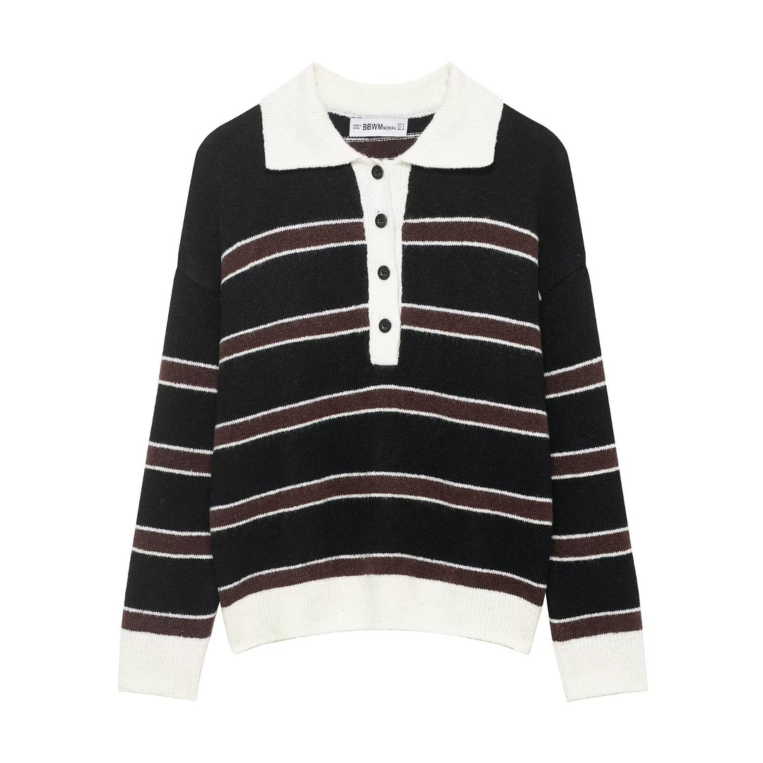 Damen Gestreifter Polokragen-Pullover aus weichem Strukturstrick mit Knopfleiste Drune