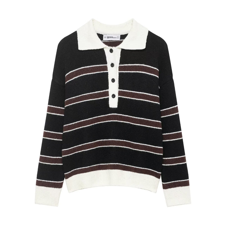 Damen Gestreifter Polokragen-Pullover aus weichem Strukturstrick mit Knopfleiste Drune