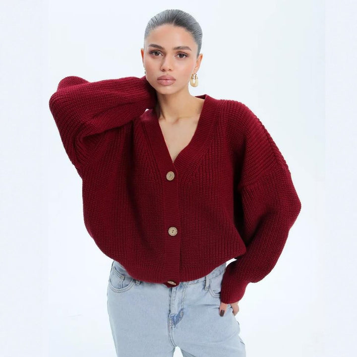 Damen lässiger Strickjacke mit voluminösen Ärmeln und modernen Knopfdetails Drune