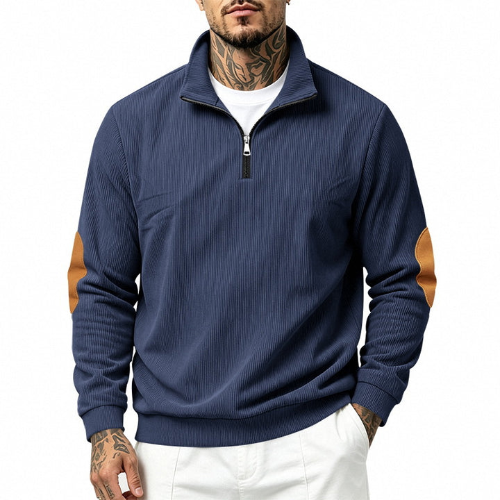 Herren Feinstrick-Halbzip-Pullover mit Cordstruktur und Kontrast-Ellbogenpatch Drune