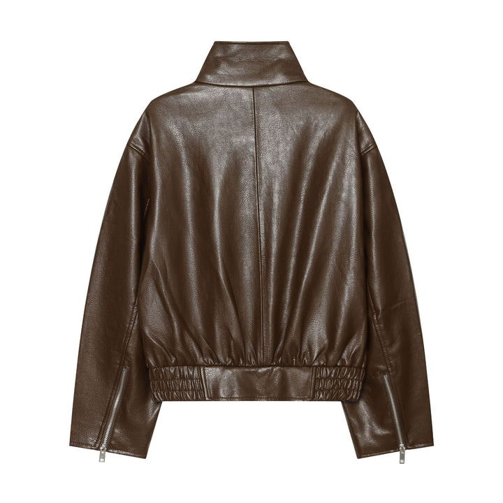 Damen Kurz geschnittene Lederoptik‑Blousonjacke mit Funnelkragen, asymmetrischem Reißverschluss und smocked Bund Drune