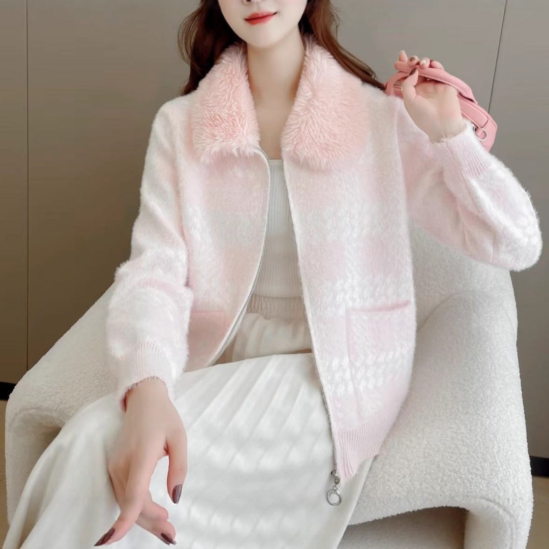 Damen Designer Strickjacke mit luxuriösem Kunstfellkragen Drune