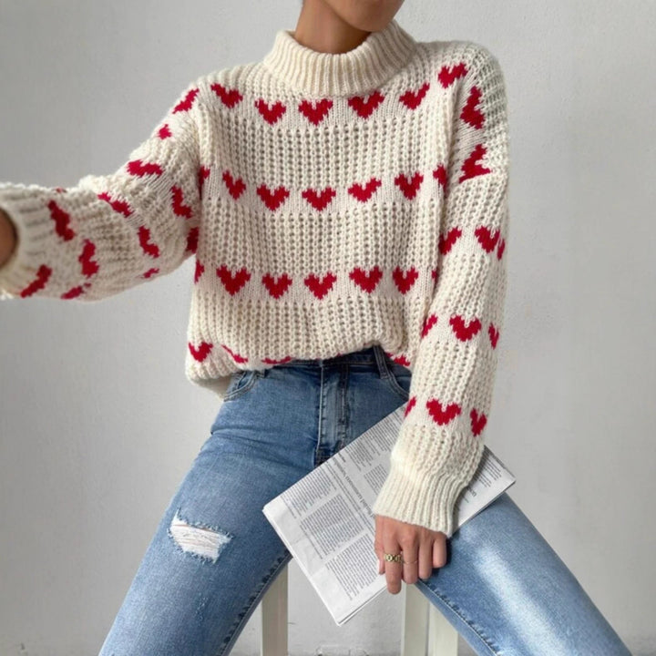 Damen nan Grobstrickpullover mit eingestrickten Herzmotiven, hohem Stehkragen und lässiger Oversize-Silhouette Drune