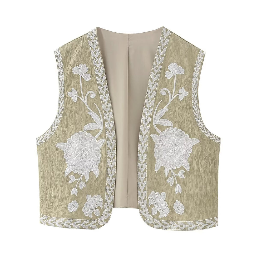 Damen nan bestickte Kurzweste mit opulenter Blumenstickerei, taillierter Silhouette und offener Front Drune