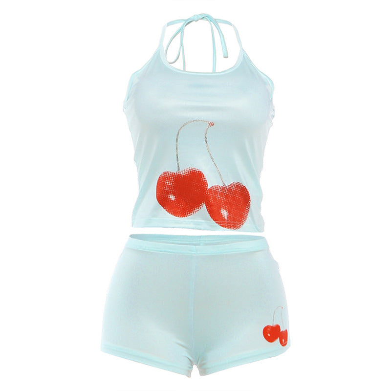 Damen Baumwoll-Crop-Top mit Cherrydruck und Shorts Drune